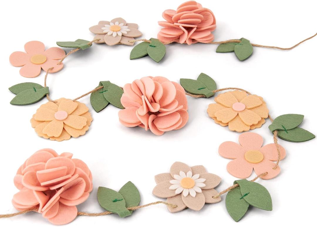 Handmade Felt Flower Garland, Flower Party Decorations, Pre-Strung Spring Garden Decorations for Girls Women Mom, Floral Birthday Party Decor