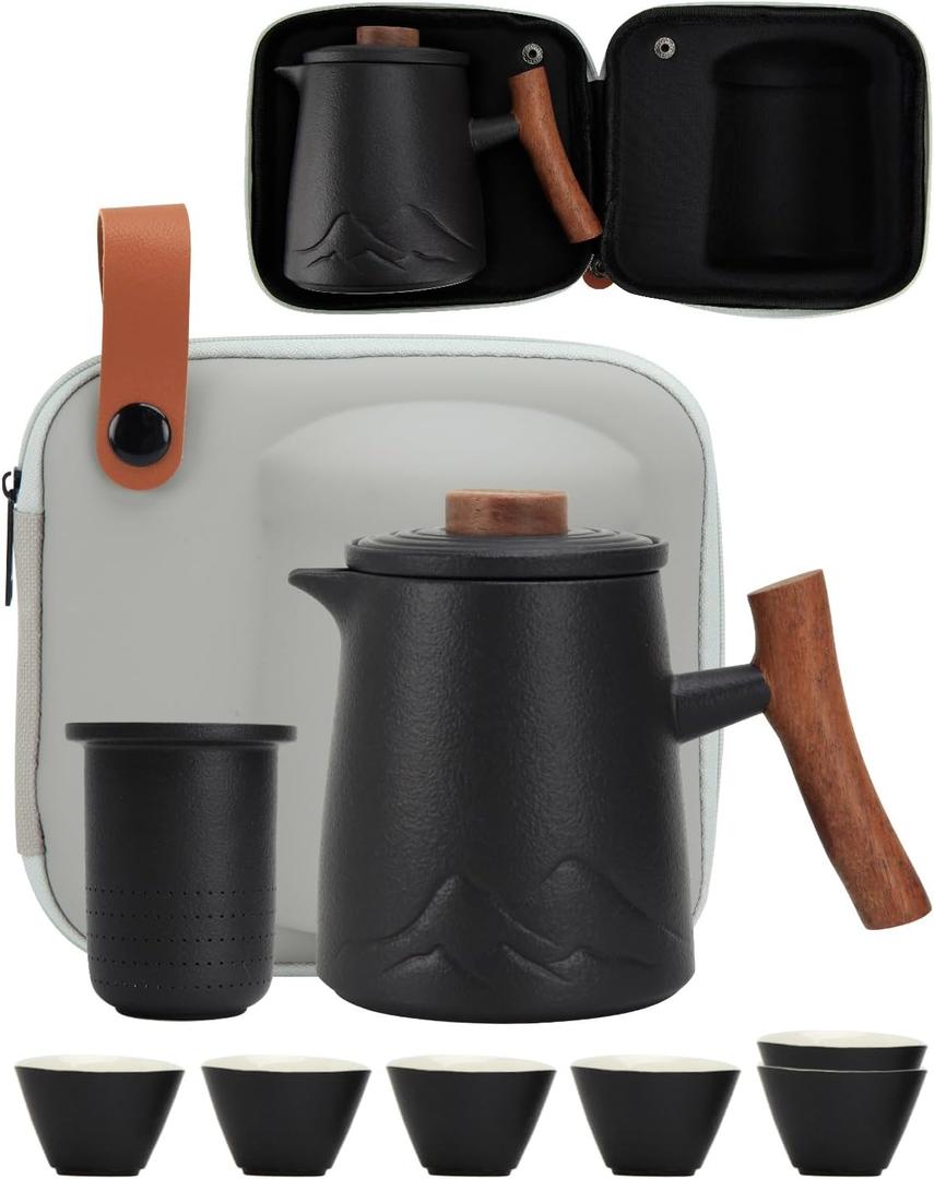 Travel Tea Set for Adults Ceramic Tea Set with 1 Tea Pot 6 Tea Cups Set of 6 Tea Mug with Infuser and Lid 14.54 OZ Large Cup Strainer with Bag Holder for Loose Leaf Tea Gift for Tea Lovers (Black)