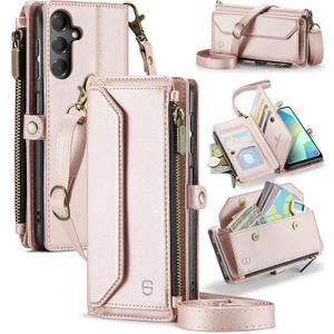 Strapurs Wallet Case Compatible with Samsung Galaxy A16 5G RFID Blocking Card Holder PU Leather Magnetic Snap Shoulder Strap Zipper Pocket Phone Case Fit for Galaxy A16 6.5" - Rose Gold