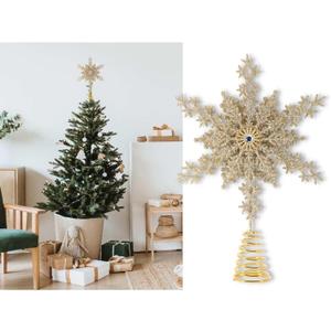 Christmas Traditions 8 inch Champagne Gold Glittered Multi-Layers Star Snowflake Tree Topper Star Home Decor/Table/Shelf Ornaments (Champagne Gold)