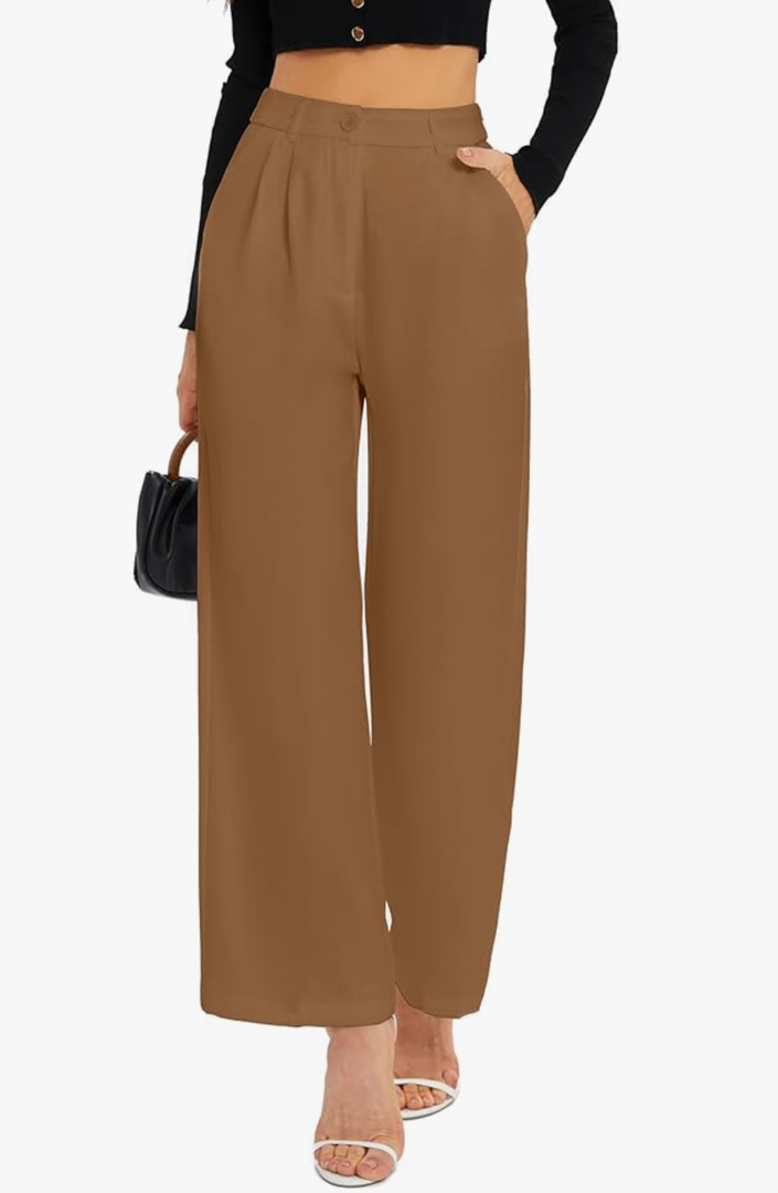 FUNYYZO Wide Leg Pants Women's High Elastic Waisted in The Back Business Work Trousers Long Straight Suit Pants, M