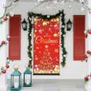 6.6X3FT Red Christmas Door Cover Xmas D-o-o-r Wraps for Front Door Merry Christmas Door Banner Xmas D-oor Cover with Golden Xmas Tree Light and Gifts for Holiday Front Porch Decorations