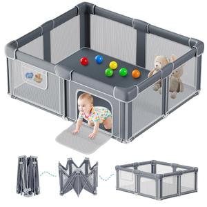 Foldable Baby Playpen with Mat, 71x59 Inches, Grey | Visible Mesh, Collapsible, Portable, Indoor/Outdoor, for Babies & Toddlers