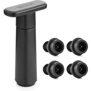 Wine Saver Vacuum Pump with 4 Stoppers, Wine Stopper & Preserver, Reusable Bottle Sealer Keeps Fresh, Ideal Accessories Gift (Flat Handle) (1 Pump + 4 Stoppers)