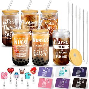 Honeydak 18 Pcs Nurse Appreciation Gifts Bulk Nurse Graduation Gift for Women Badge Reel 16 oz Glass Cups with Lids Straw Brushes Card for Graduation Employees Coworker Hospital(Appreciate)