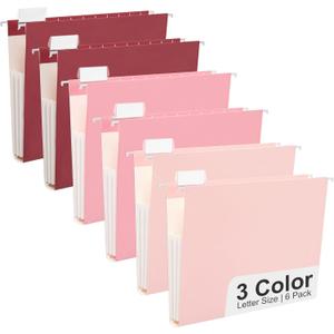 Y YOMA Letter Size - 6 Pack Extra Capacity Hanging File Folders Accordion Decorative Reinforced File Folder Cute Colored Expandable Folder for Office Home with 1/5-Cut Adjustable Tabs, Cute Pink