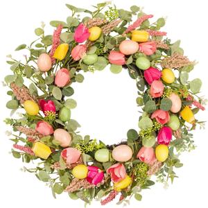 22 Inch Easter Wreaths for Front Door, Egg Wreaths with Tulips and Eucalyptus Leaves, Spring Decorations Outdoor Indoor Outdoor Farmhouse Rustic Easter Door Decor