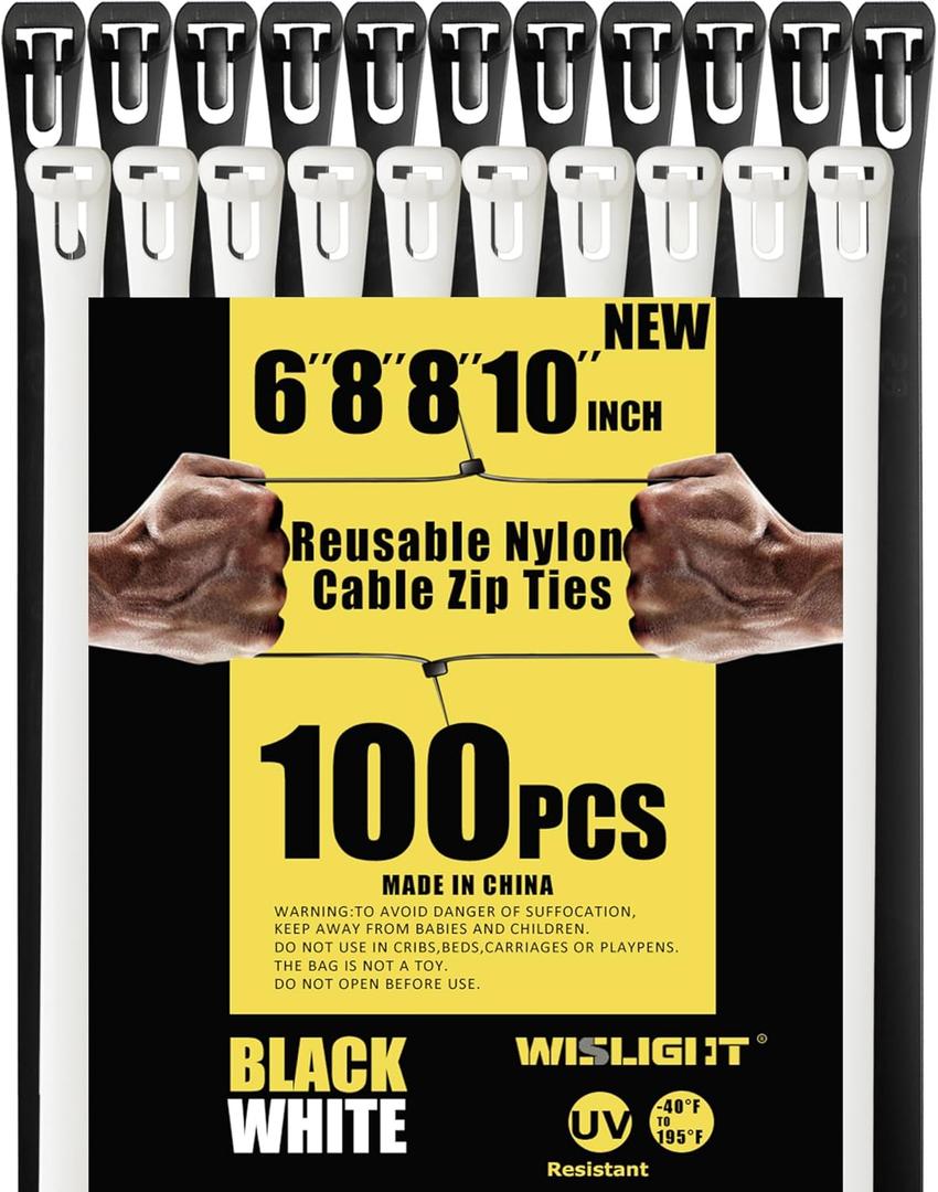 Reusable Zip Ties Self-Locking Plastic Wire Ties Electrical Cable Ties 120 Lbs Tensile Strength Releasable Adjustable Nylon Cable Zip Ties 100 PCS 6+8(Small)+8+10 Inch x0.3inch