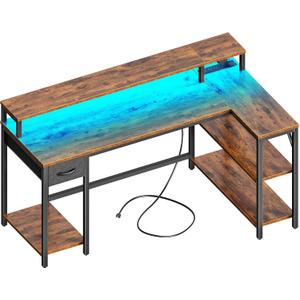 SUPERJARE 53 inch Reversible L Shaped Desk with LED Lights & Power Outlets, Computer Desk with Shelves & Monitor Stand, Gaming Desk with Drawer, Home Office Desk Corner Desk, Rustic Brown
