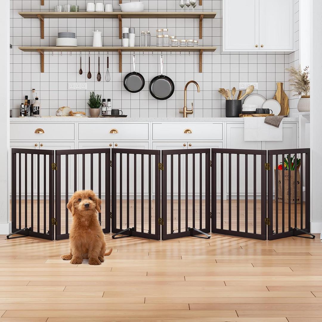 Mino Kesper Dog Gates for the House Doorways Extra Wide 110 Inches Wood Freestanding Pet Gates for Dogs Indoor Fence with Support Stands, 6 Panel - 110 inches Wide, Espresso