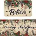 Heirloom Haven Christmas Kitchen Rugs Set of 2,Winter Poinsettia Holly Berry Low-Profile Holiday Home Decor Kitchen Mats for Home Kitchen Floor 17x29 and 17x47 Inch (Green)