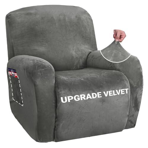 ZNSAYOTX Stretch Velvet Recliner Cover 4-Pieces, Thick Soft Recliner Chair Slipcover with Pocket, Non-Slip Elastic Bottom for Kids Pets, Luxury Plush Reclining Protector Comfy Washable (Grey)