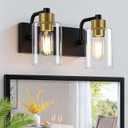 Bathroom Light Fixtures, Matte Black and Gold 2-Light Bathroom Lights Over Mirror with Clear Glass Shade,Wall Sconces for Bathroom
