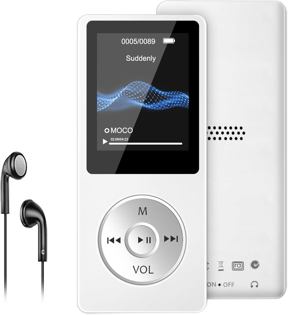 MP3 Player with Bluetooth 5.0, 1.8 inch Screen Portable Music Player with HD Speaker, HiFi Music Supports FM Radio, Voice Recorder, Supports Expanded Up to 128GB(White, 32GB)