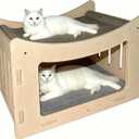 Cute Cat Head Wooden Indoor Cat House, Double Decker Cat Shelter with Elevated Soft Canvas Upper Bed and Cat Bed Mat, Multi-Level Pet Condo for Cats & Rabbits