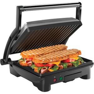 Chefman Panini Press Grill and Gourmet Sandwich Maker Non-Stick Coated Plates, Opens 180 Degrees to Fit Any Type or Size of Food, Stainless Steel Surface and Removable Drip Tray, 4 Slice, Black
