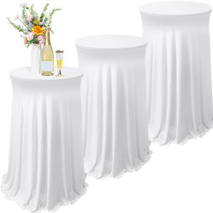 Tegeme 3 Packs 32 x 43 Inch Round Spandex Cocktail Tablecloths with Skirt Cocktail Round Table Cover Spandex Stretch Tablecloth for Fitted High Top Table Bar Wedding Party Banquet (White)