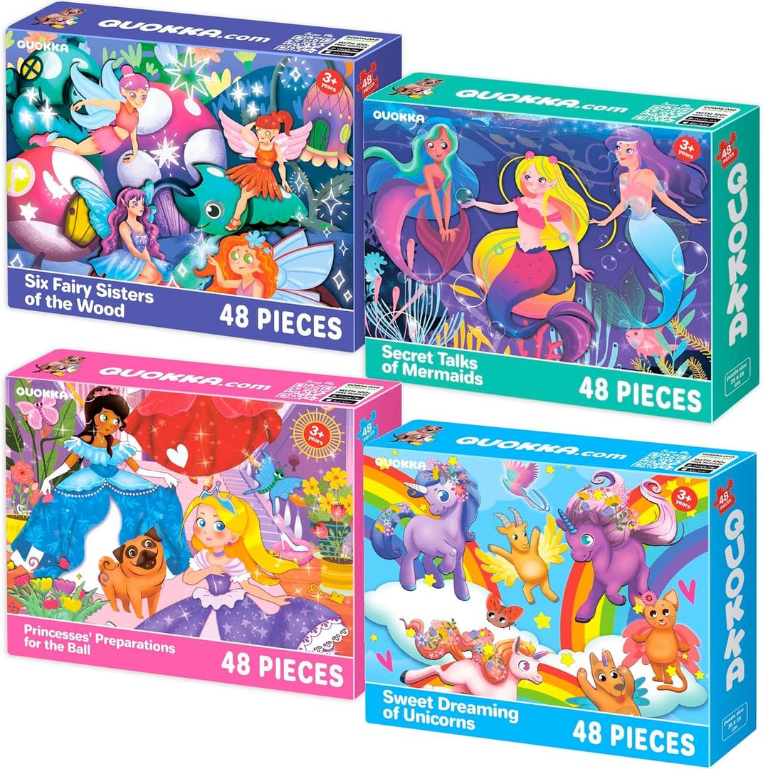 QUOKKA Puzzles for Toddlers 3-5  4 x 48 Pieces Puzzles for Kids Ages 3-4  12 Toy Learning Vert Girls for 4-6  Jigsaw Game for Boy and Girl 3-5-7 Year Old (4x48 Fairy Tales)
