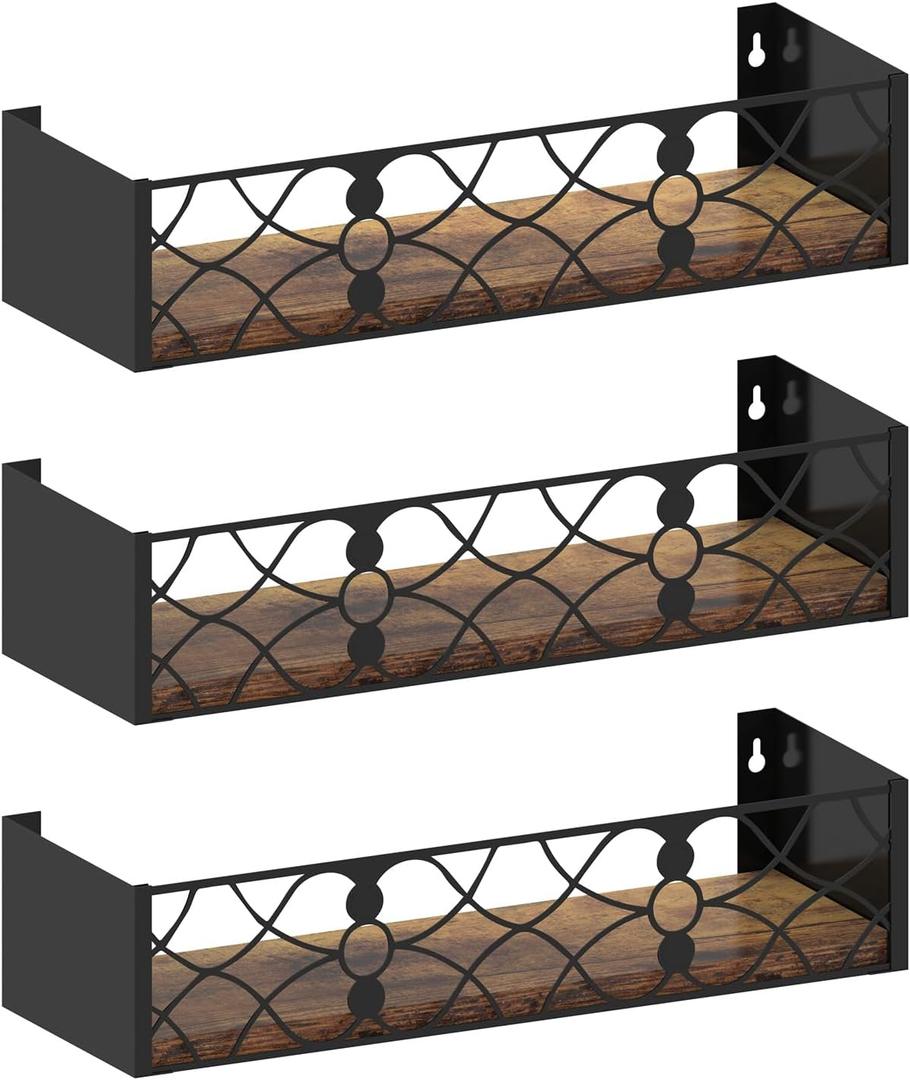 Black Floating Shelves with Removable Insert Plate Set of 3, Wooden Display Shelves, Rustic Decorative Wall Shelves for Living Room, Bedroom, Kitchen