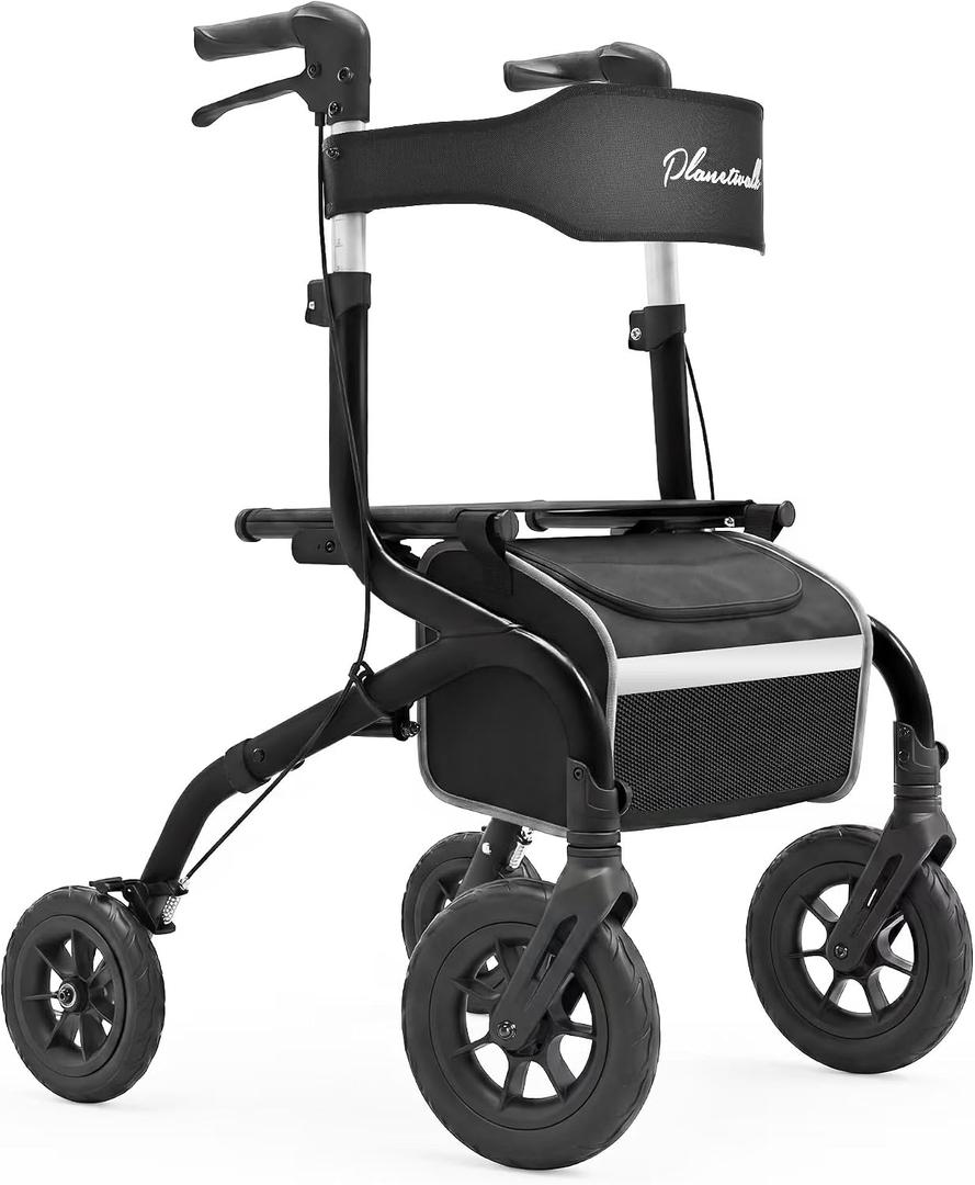 PLANET WALK Foldable Rollator Walker: 10" & 8" All-Terrain Wheels, 300lb Capacity, Treaded Rubber Tires, Breathable Seat & Backrest, Lightweight Mobility Aid for Seniors, Black