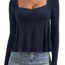 OMKAGI Cute Peplum Babydoll Tops for Women Going Out Double Layer Long Sleeve Shirts (Blue, M)