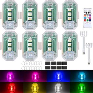 8PCS Wireless LED Strobe Lights with Remote Control, Upgraded to 350 mAh USB Rechargeable 8-Color High Brightness Waterproof Anti-Collision Warning Lights for Car, Motorcycle, Drone, Truck, Bike