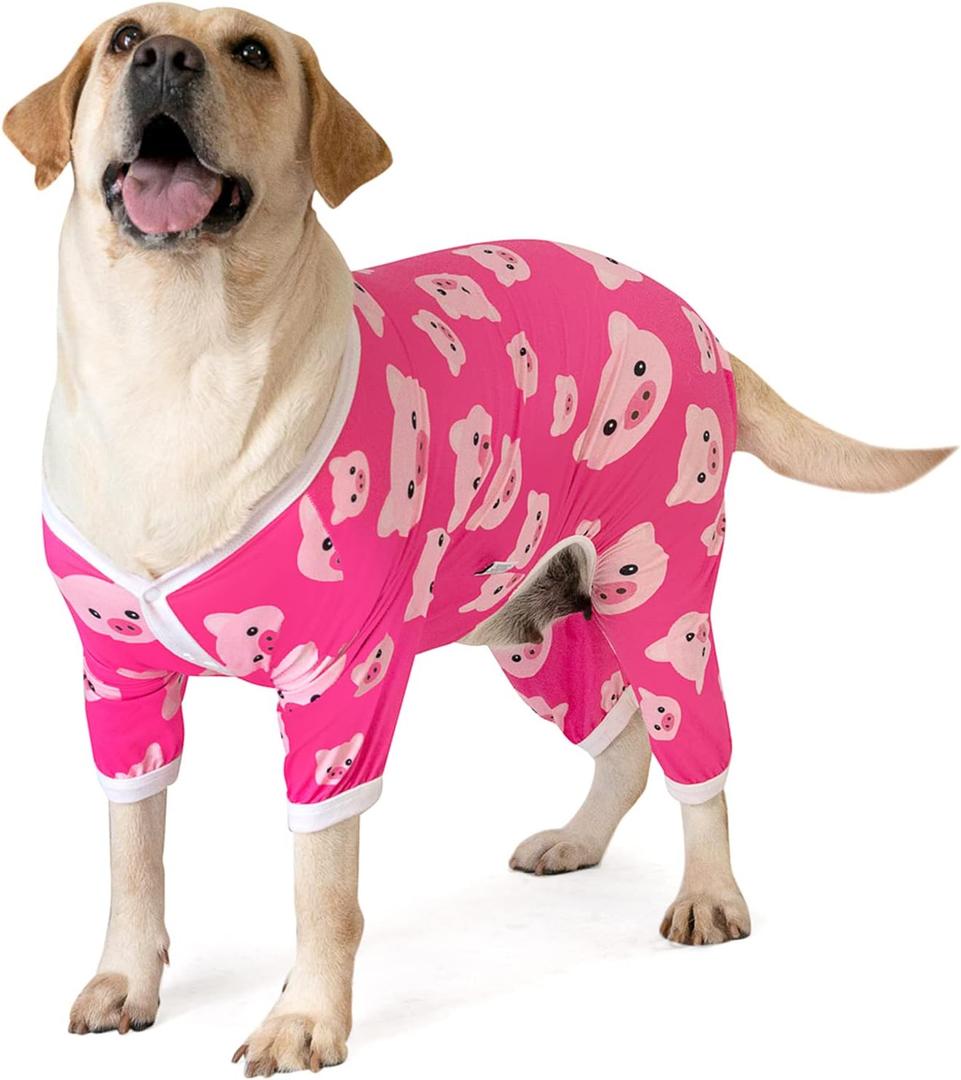 CuteBone Big Dog Clothes Pitbull Golden Retriever Post Surgery Suit Stretchy Calming Anxiety Pet Pajamas Shirts Shedding Suits Onesie for XLarge Sized Dogs Labrador Bully ZP01XL (Snap=A02-Pink pig) XL