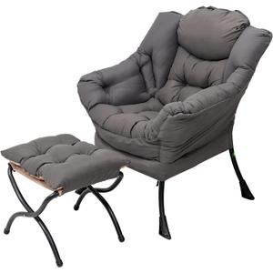 Welnow Lazy Chair with Ottoman, Modern Lounge Accent Chair with Armrests and a Side Pocket, Leisure Sofa Armchair, Reading Armchair with Footrest for Small Space, Dark Grey