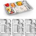 Fasmov 4 Pack Stainless Steel Rectangular Divided Dinner Tray, 6 Sections Stainless steel Metal Plate for Adults, Picky Eaters, Campers, and Portion Control