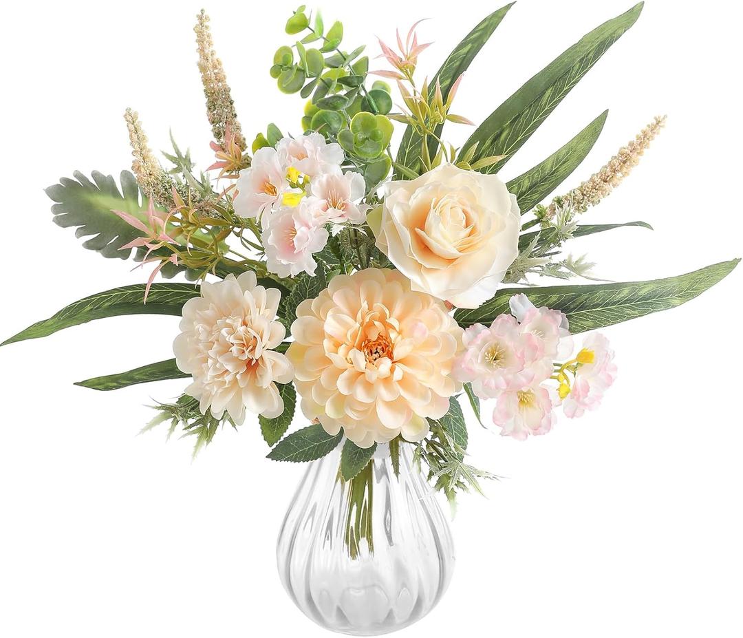 Faux Flowers with Vase Artificial Silk Champagne Roses Eucalyptus in Vase Arrangement Fake Flowers for Home Office Farmhouse Bathroom Dining Table Centerpiece Coffee Table Decoration