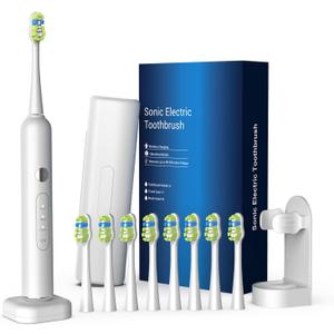 Sonic Electric Power Toothbrush for Adults & Kids,3 Deep Clean Modes IPX7 40000VPM Rechargeable Toothbrush with 8 Brush Heads, Travel Case, 2-Min Smart Timer, One Charge Last 60 Days (White)