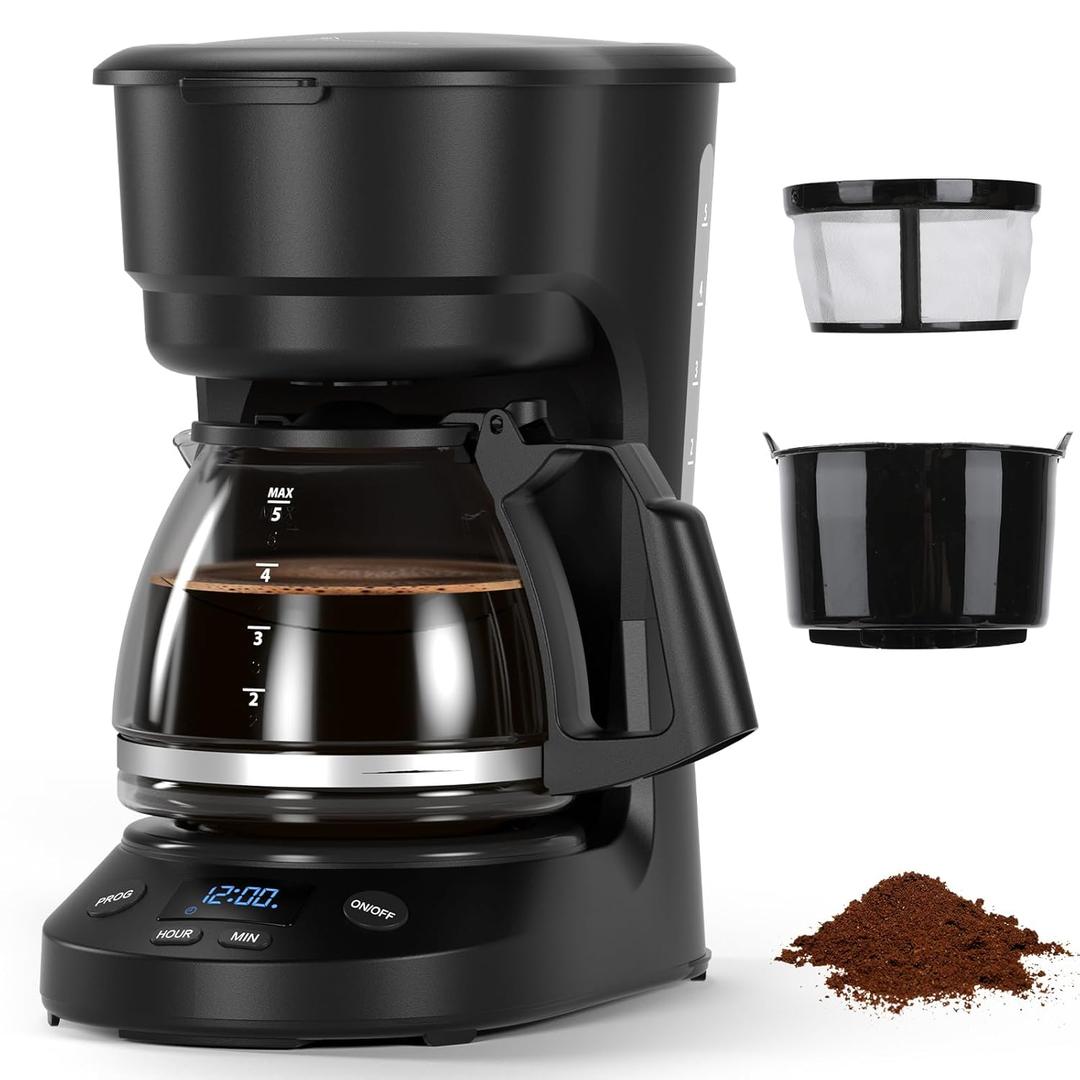 5-Cup Programmable Drip Coffee Maker, a compact coffee machine with a digital clock and 24-hour programmable timer, featuring Auto Shut-Off, and a Removable Filter Basket for Home & Office (Precision-Brew)