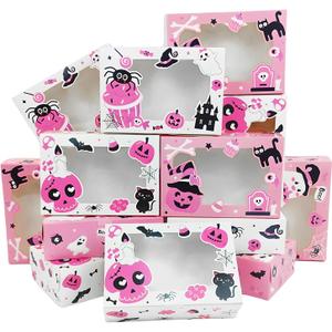 24Pcs Pink Halloween Cookie Boxes With Window, Ghost Boo Pumpkin Gift Cardboard Paper Treat Bakery Boxes, Goody Container for Trick or Treat Party Supplies