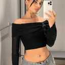 WDIRARA Women's Off Shoulder Buckle Mesh Insert Top Flare Long Sleeve Crop Blouse (Black, XS)