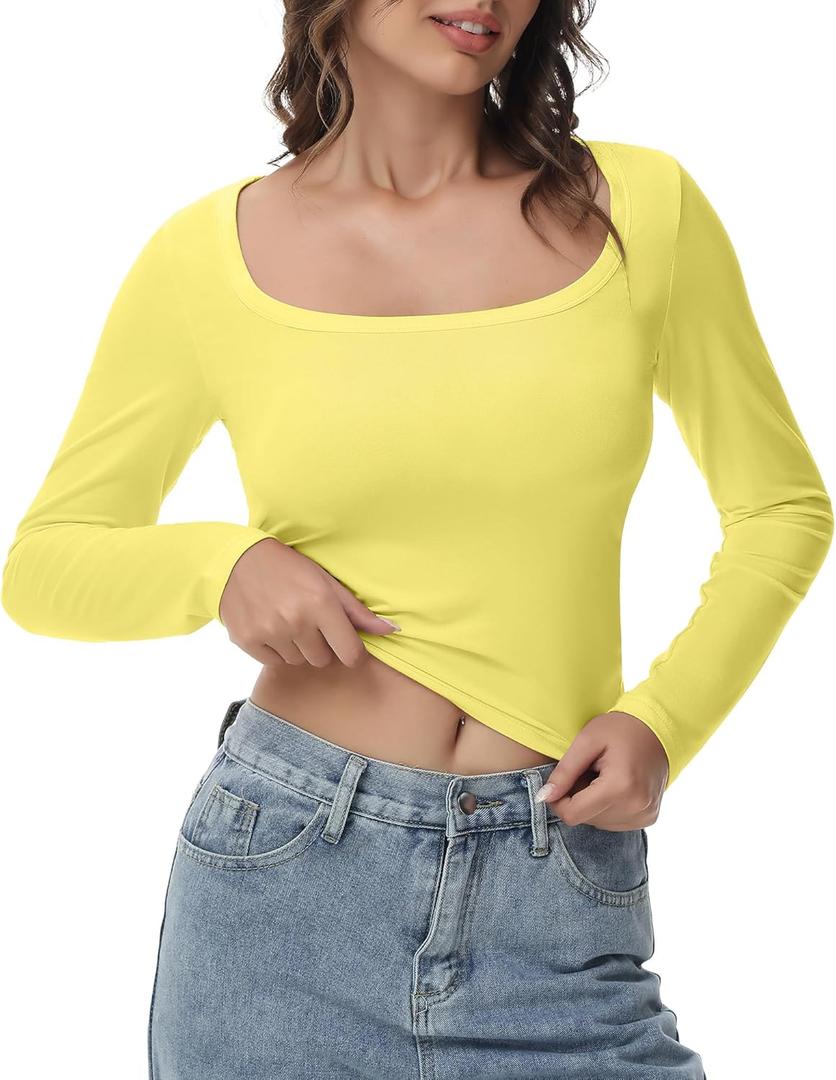Women's Long Sleeve Crop top, Ribbed & Slim Fitted Cotton Shirts, Square Crewneck Tee Basics for Daily & Casual Wear (Large, Xyellow)