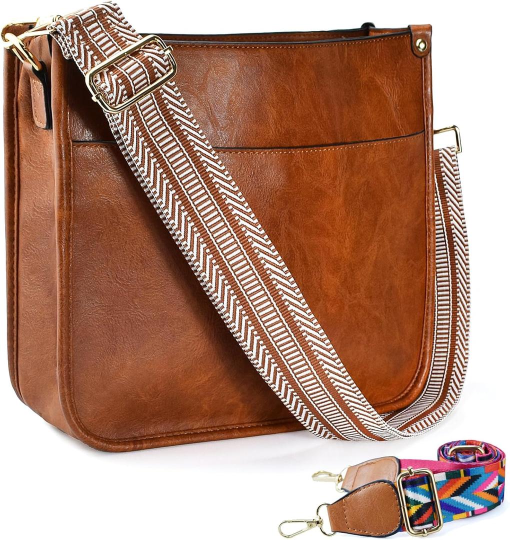 KlaOYer 2 Adjustable Strap Bag,Crossbody Bags Women,Guitar Strap Purse,Vegan Handbags Soft Shoulder Bag For Women (Brown 4)