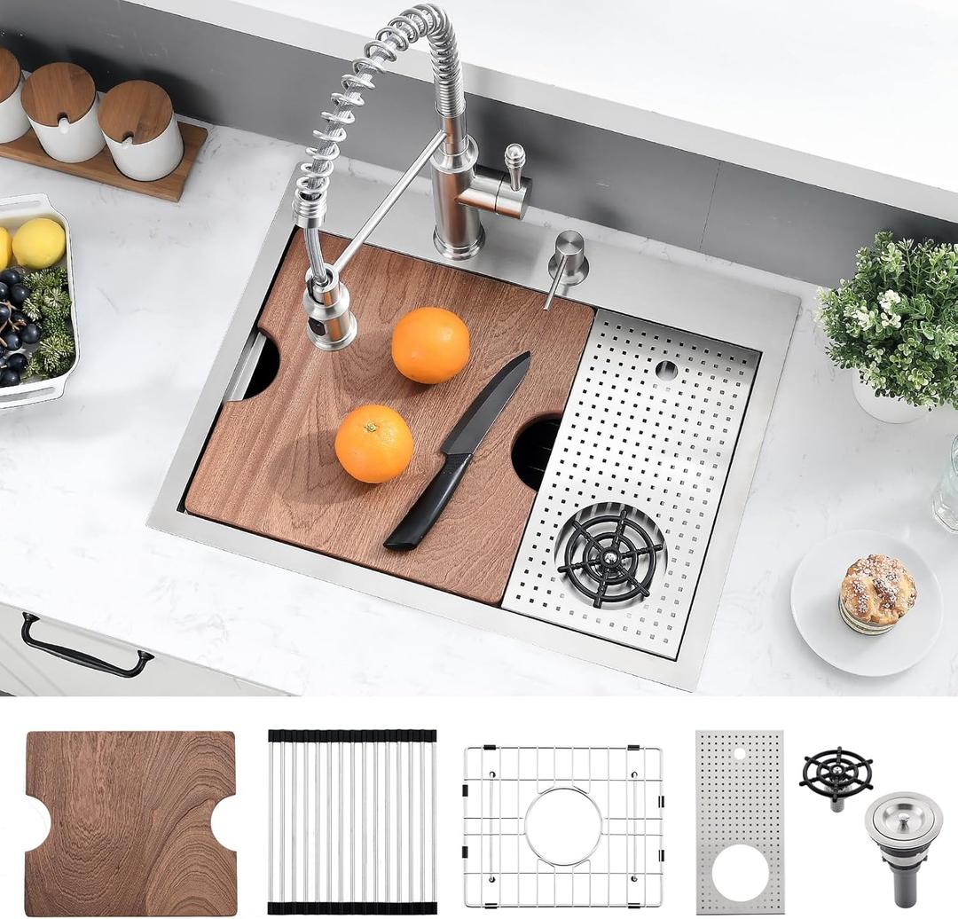 23x18 Drop In Bar Sink with Glass Rinser - 16 Gauge Stainless Steel Bar Sink Drop In Workstation Small Kitchen Sinks with Cup Washer