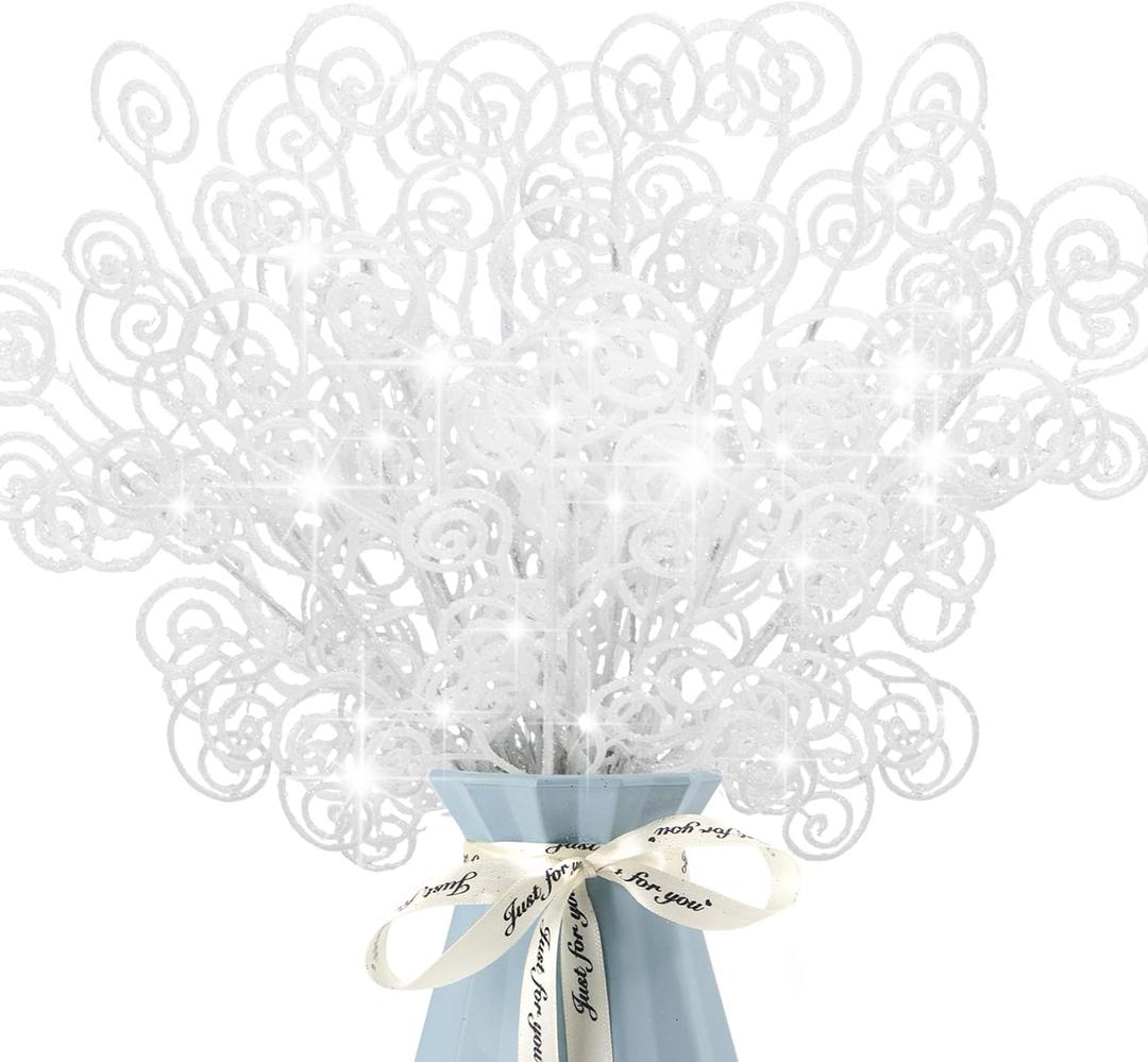 24 Pieces Glitter Christmas Picks Ornaments Decorative Sticks Candy Picks Curly Sprays Twigs for Christmas Tree Branches Vase Fillers Crafts Wreath Garland Party Wedding Holiday (24, White)