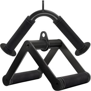 Double D Row Handle Cable Attachment for Weight Workout, Steel with Non-Slip Rubber Grip (Black)