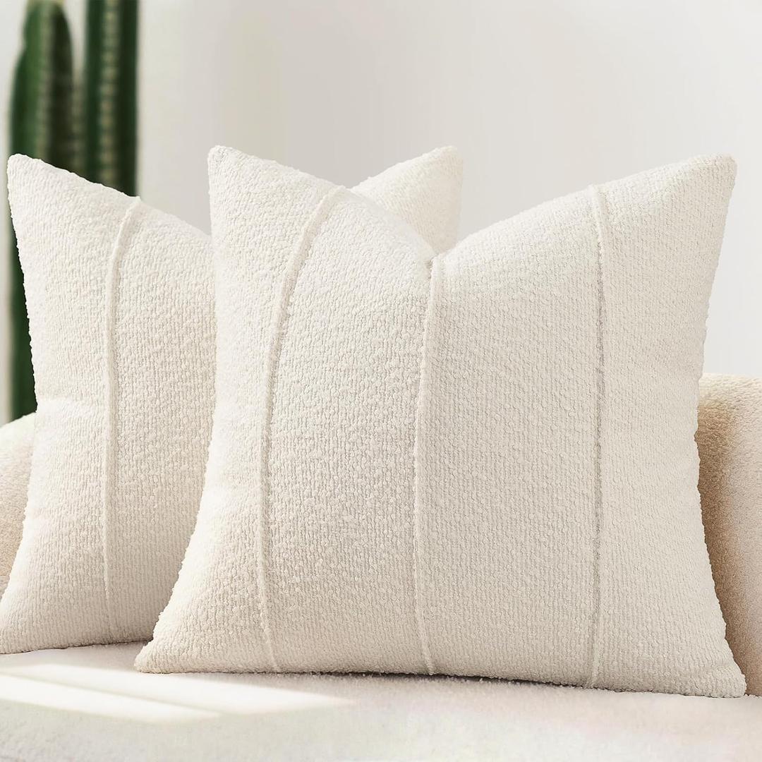 YCOLL Textured Boucle Throw Pillow Covers 18x18 Pack of 2 - Soft Neutral Striped Cushion Covers, Cozy Accent Decorative Pillow Covers for Couch, Sofa, Bed, Living Room (Ivory)
