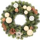 Small Christmas Wreath, 13Inch Artificial Beige Velvet Ball Pine Cone Mini Wreaths for Front Door Christmas Decorations, for Indoor Outdoor Home Hoilday Party Xmas Wall Decor.