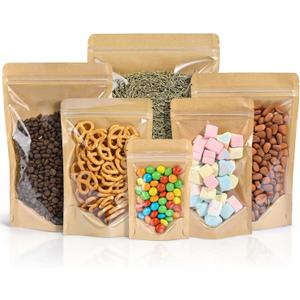 FireKylin 100 PCS Stand Up Pouches,3.9" x 5.9" Paper Bags With Window Clear Front Pouches Resealable Zipper Food Storage Brown