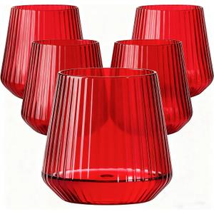 Lueumxc 40 Pack Plastic Ribbed Wine Glasses, 14Oz Origami Disposable Wine Glasses Unbreakable Clear Plastic Cocktail Glasses Recyclable Shatterproof Reusable Wine Cups (14oz-red-40pack)