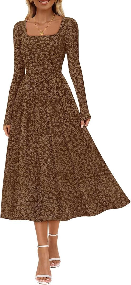MEROKEETY Women's Floral 2025 Fall Midi Dresses Long Sleeve Square Neck Flowy A Line Wedding Ruched Dress Pockets