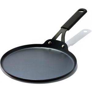 OXO Obsidian Pre-Seasoned Carbon Steel, 10" Crepe and Pancake Griddle Pan with Removable Silicone Handle Holder, Induction, Oven Safe, Black