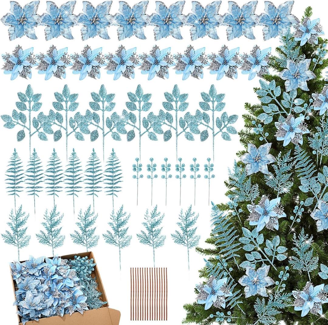 40 Pcs Christmas Glitter Artificial Poinsettia Flowers Picks and Artificial Tropical Leaves Glitter Berries Stems Cedar Picks Pine Needles for Xmas Tree Home Decoration(Blue)