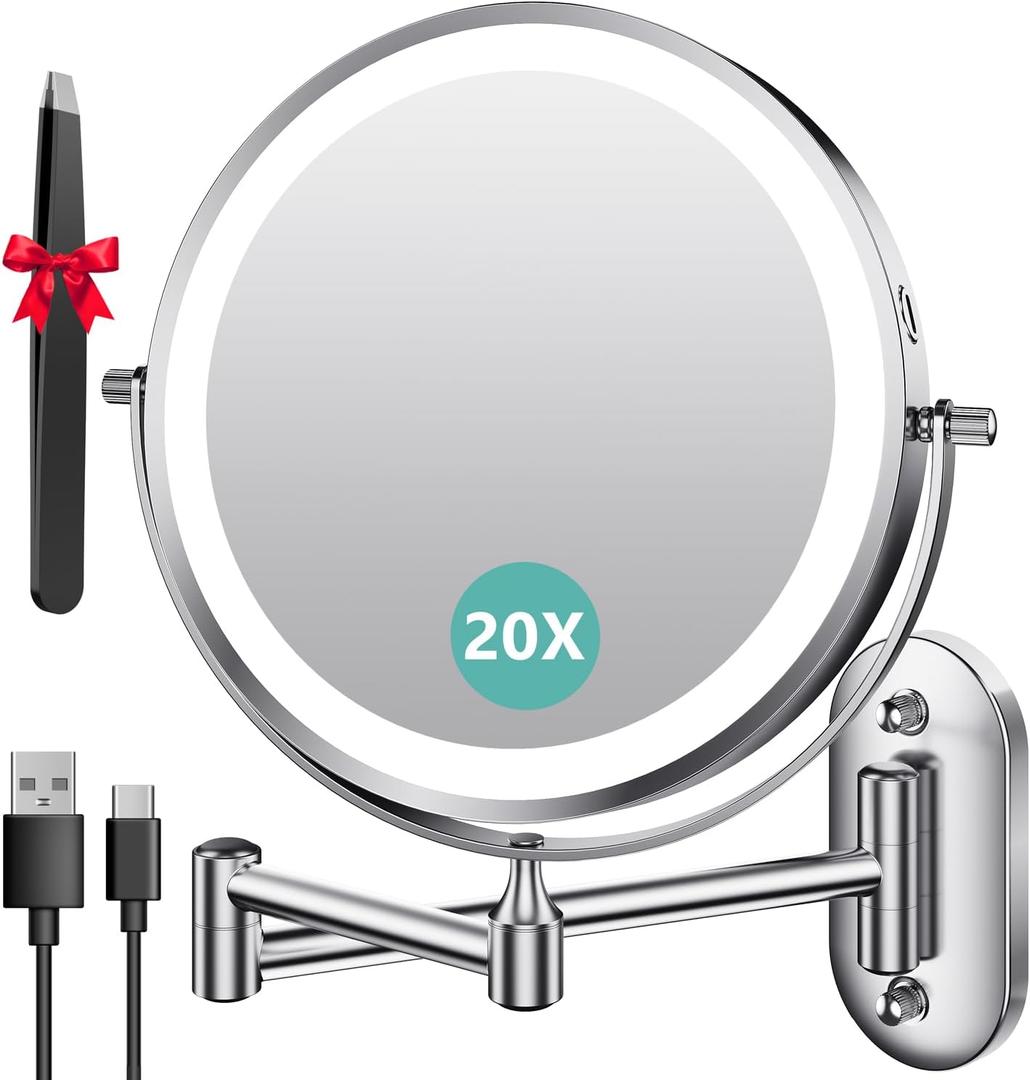 Auxmir 8'' Wall Mounted Lighted Makeup Mirror, 3200mAh Rechargeable Double-Sided 1X/20X Magnifying Mirror with Light, Touch Dimmable 3 Color Light, 360 Rotation Foldable Extended Arm, Chrome