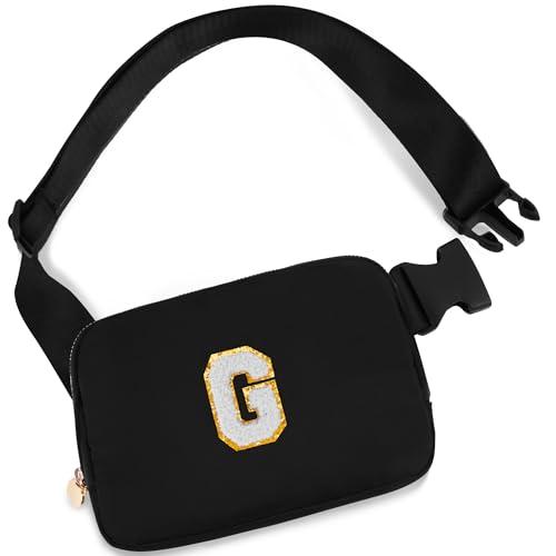 2 Uygafly Belt Bag Crossbody Bags for Girls Women - Gifts for 8 9 10 11 12 13 Year Old Girl - Teen Birthday Gifts - Small Waist Packs Trendy Kids Fanny Pack - Initial White G, Black Bag