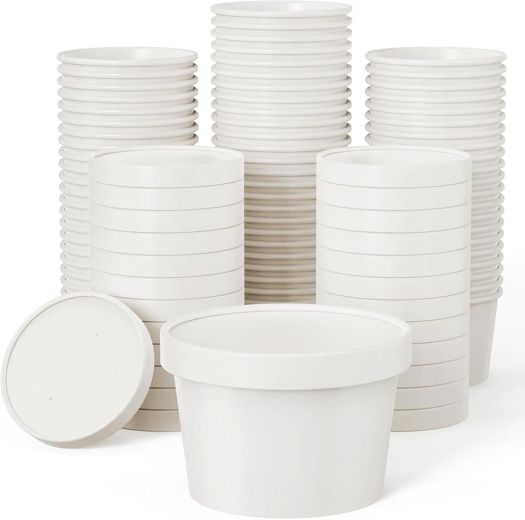 JOLLY PARTY 50pack 8oz Paper Soup Containers with Lids, Disposable Kraft Paper Food Cups, Ice Cream Cups, Food Storage with Vented Lids, Microwavable and Freezer Safe (White)