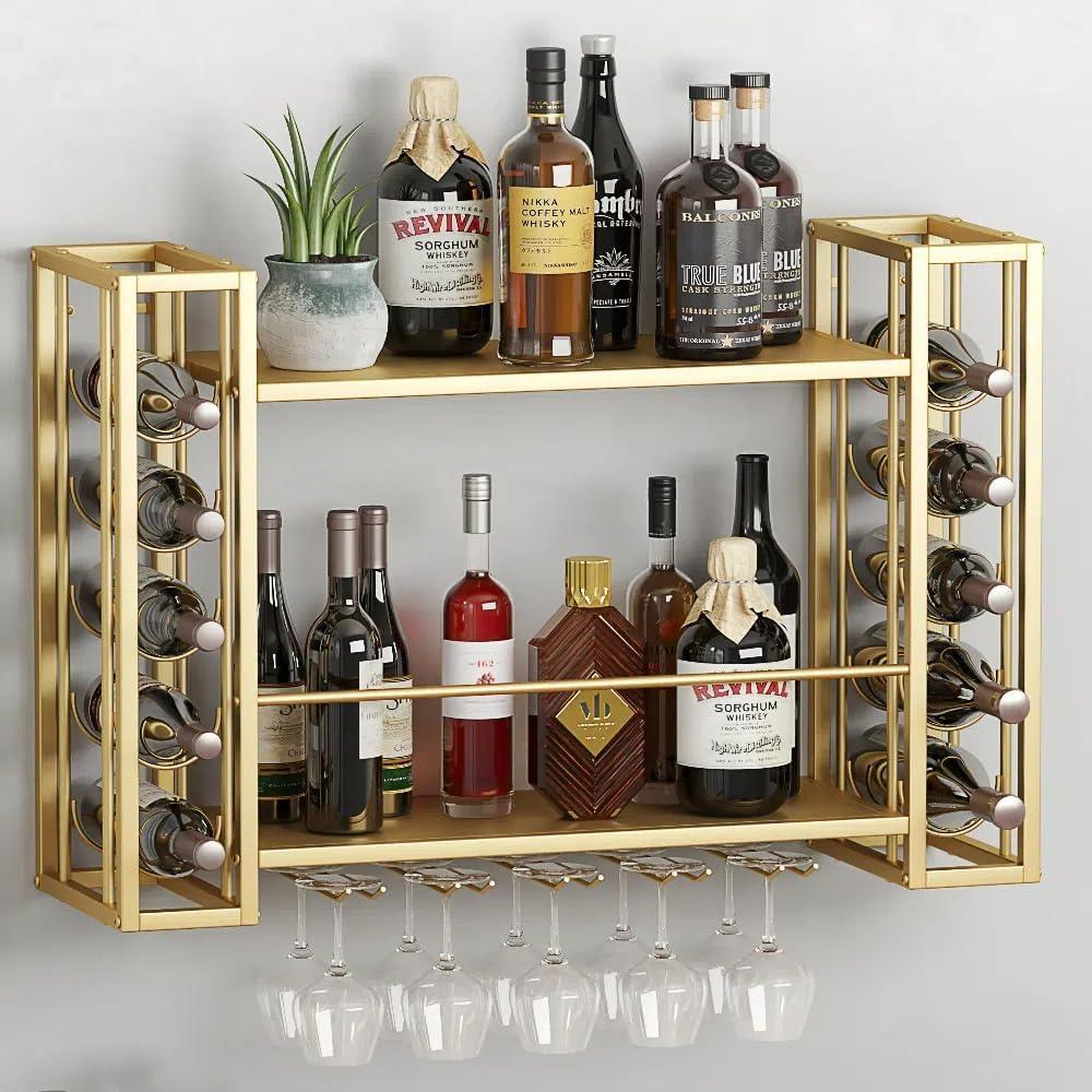Wall Mounted WineRack, WineRack Wall Mounted with WineGlass Rack, 2-Tier Multi-Functional Shelf for Home Restaurant Bar Storage Rack (Gold, 31.5" W x 9.8" D x 21.6" H)